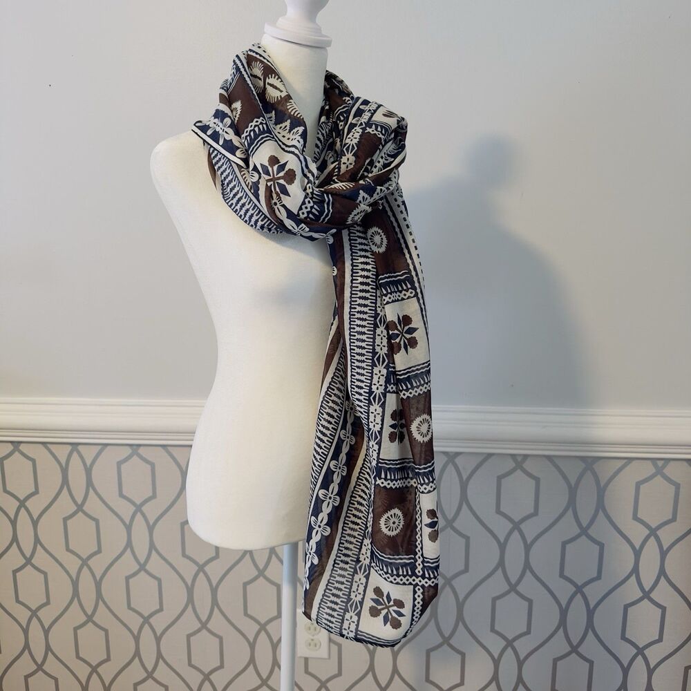 Women's Brown Blue Cotton Wrap Scarf Beach Cover up Geometric Polynesian Style